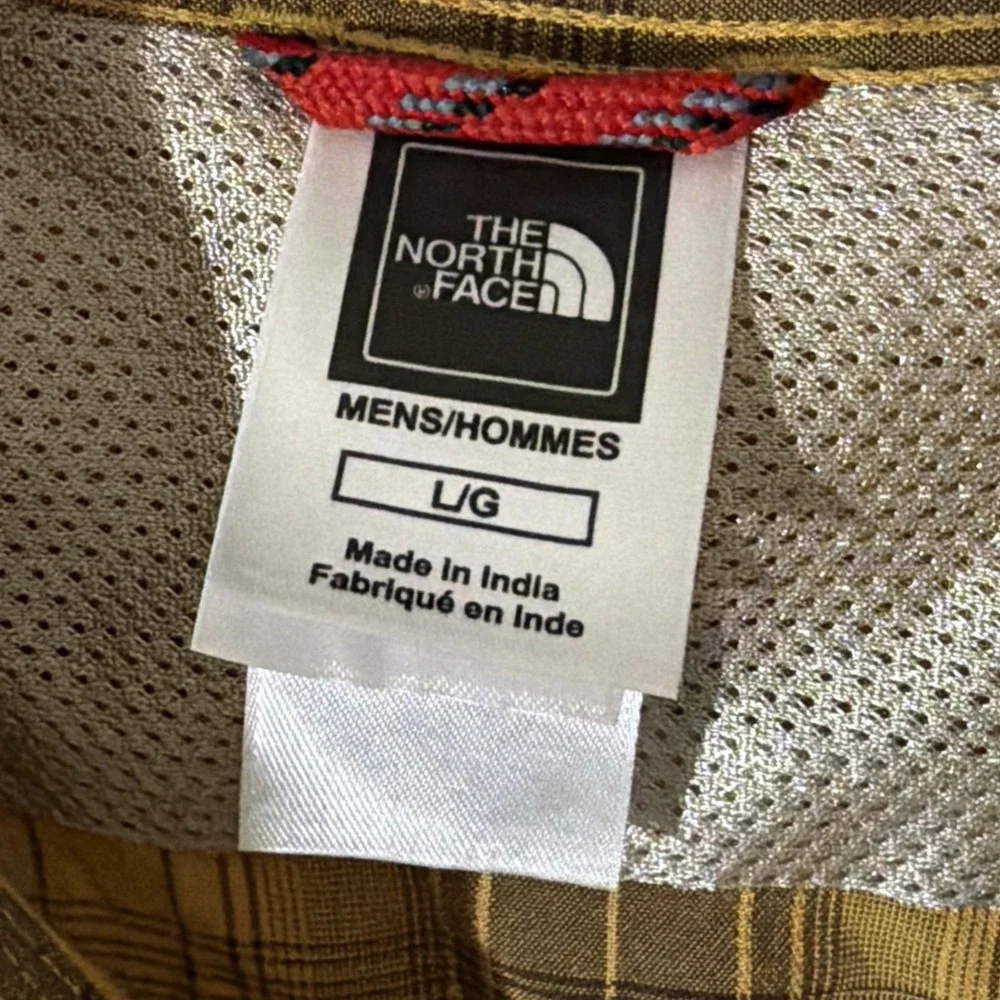 The North Face Mens Large Mustard Brown Plaid Short Sleeve Button Up Shirt